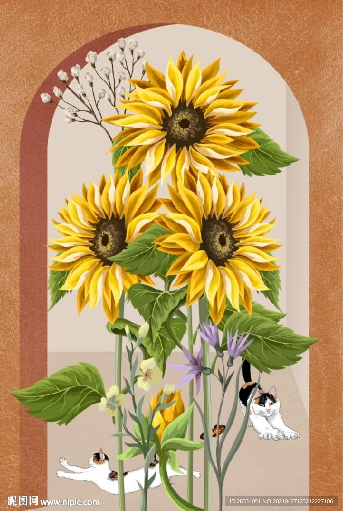 现代3D建筑向日葵玄关装饰画