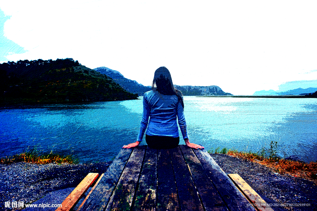 卧室装饰油画海边沉思的美女