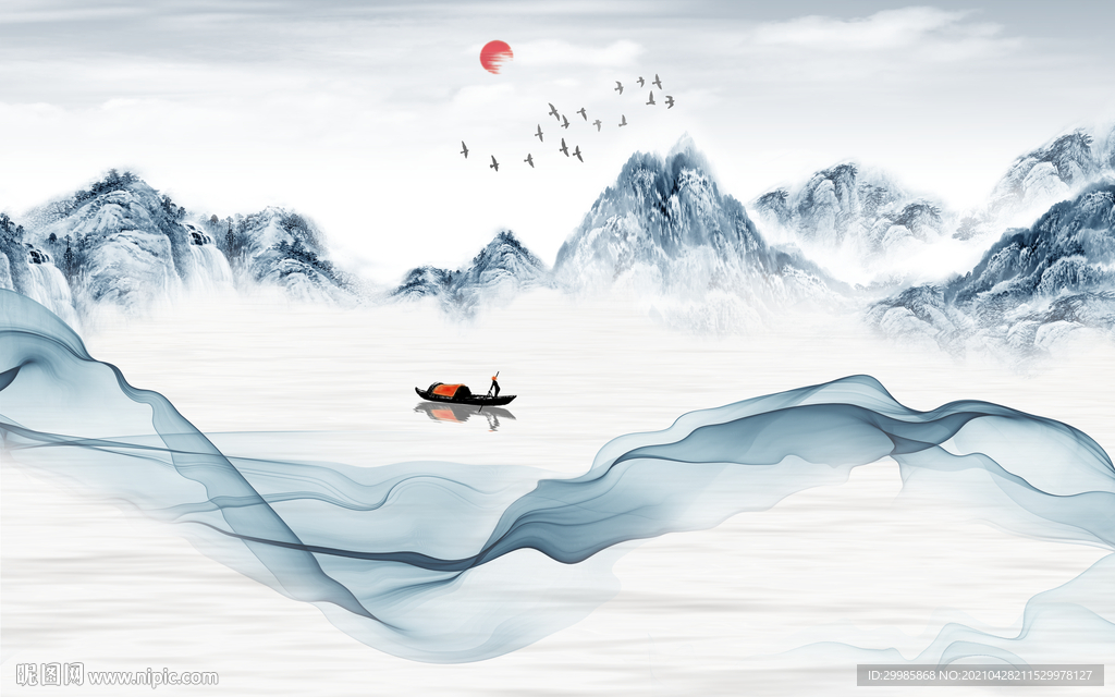 蓝色 山水画客厅画 tif分层