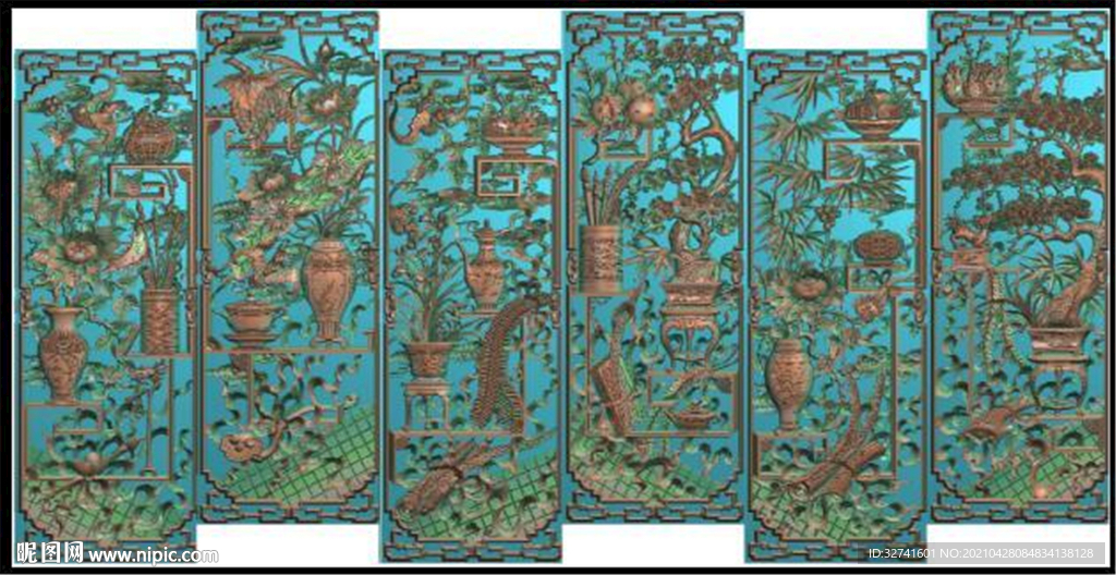 博古 花瓶 镂空 竖屏 琴棋书