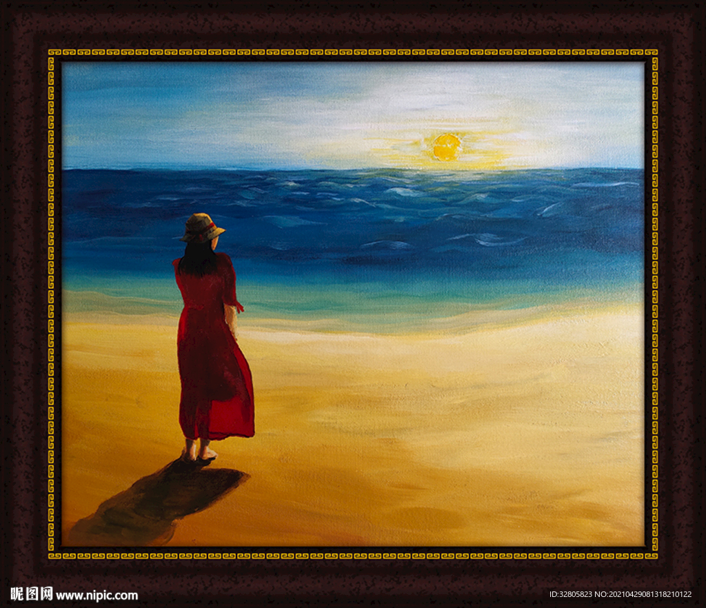原创油画海滩背影
