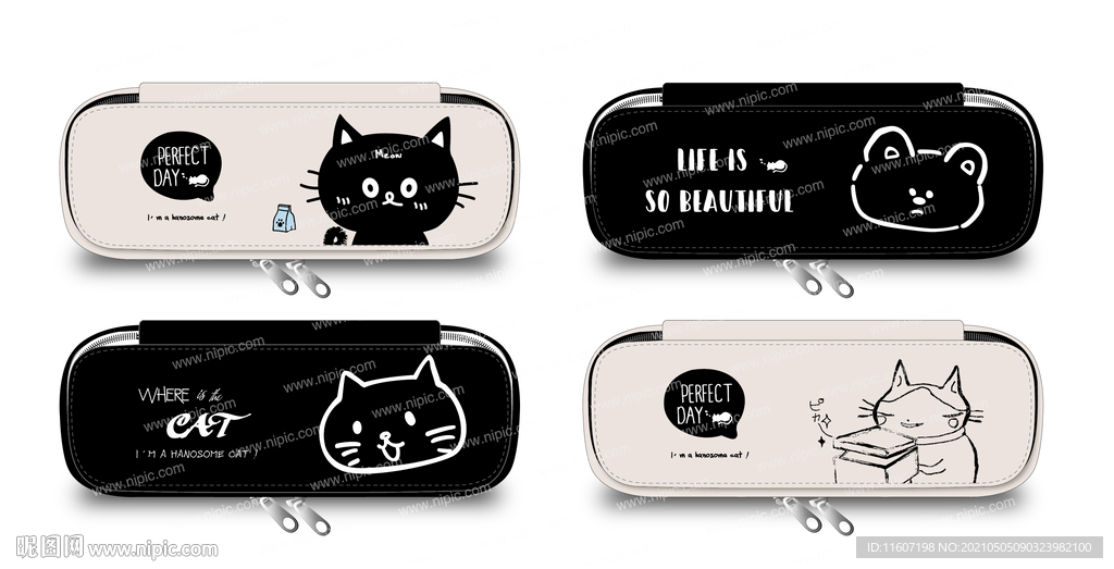 黑白 卡通 简约 小猫 笔袋 