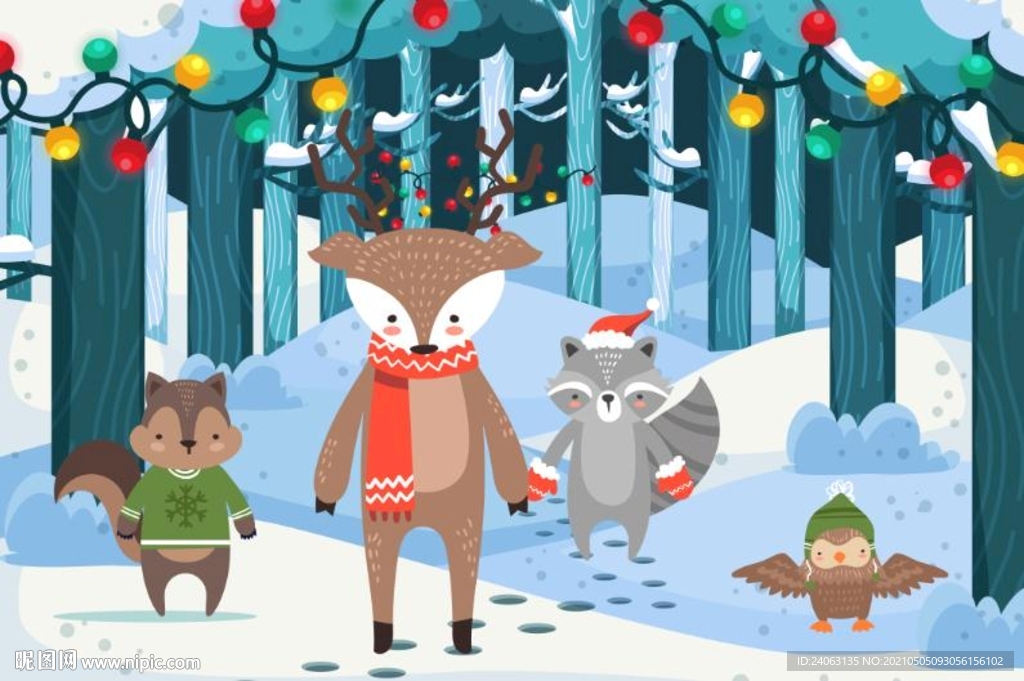 北欧树林雪地冬季动物背景墙壁画
