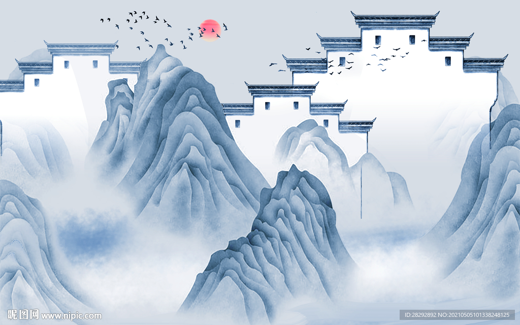 蓝色水墨徽派印象