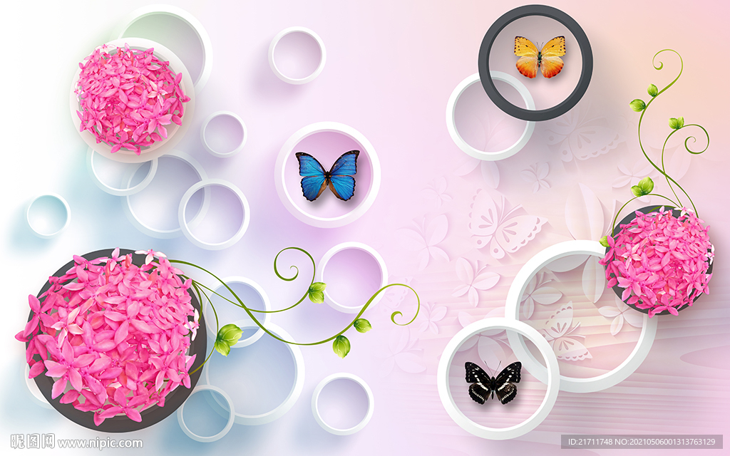 梦幻花卉蝴蝶圈圈电视背景墙