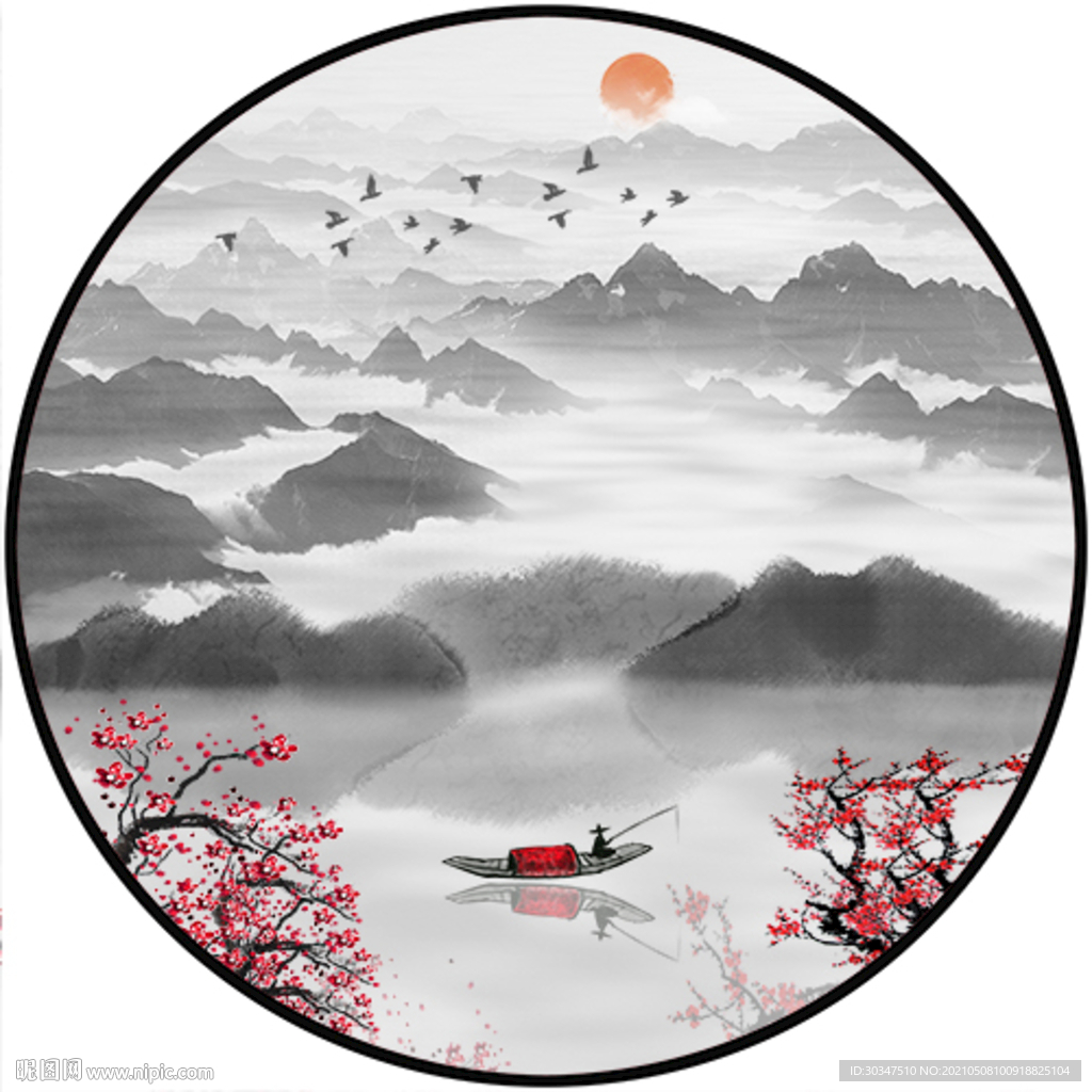 山水情水墨装饰画圆形国画