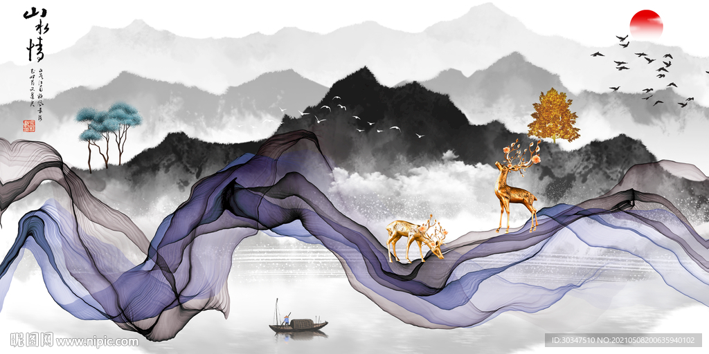 新式山水情发财麋鹿背景墙