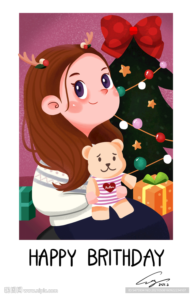 圣诞  女孩 手绘 插画 生日