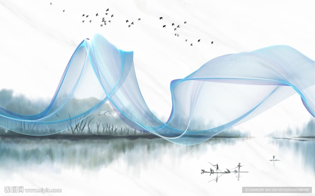 抽象曲线山水新中式背景墙