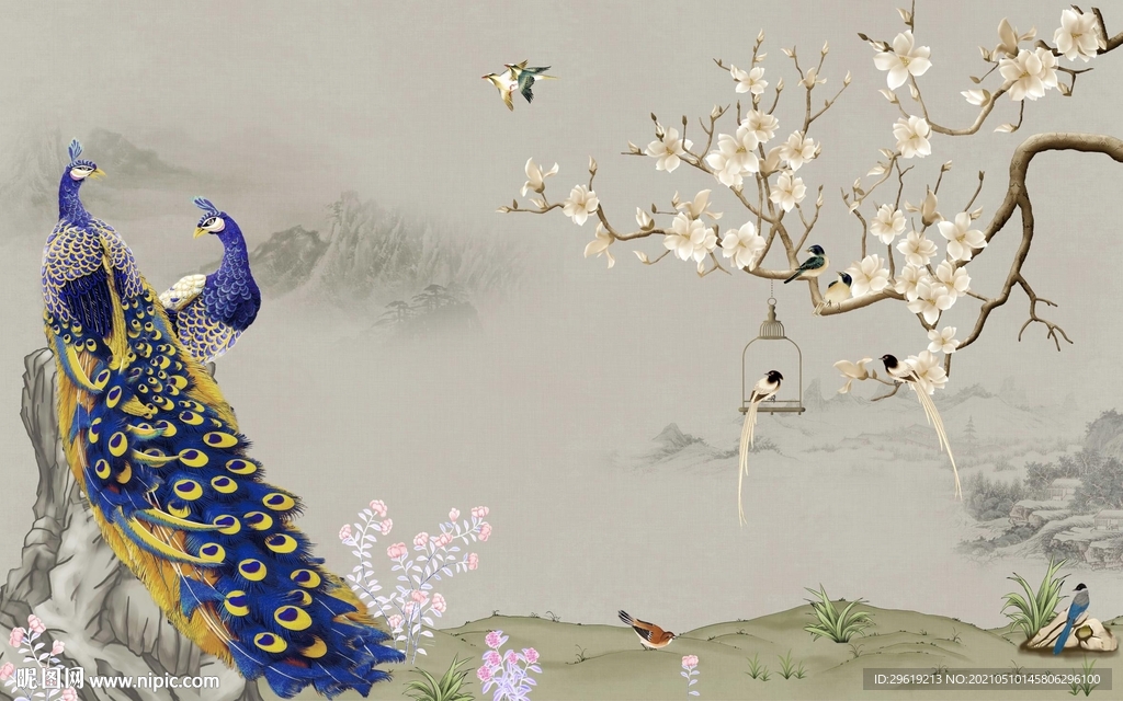 新中式孔雀花鸟山水意境背景墙