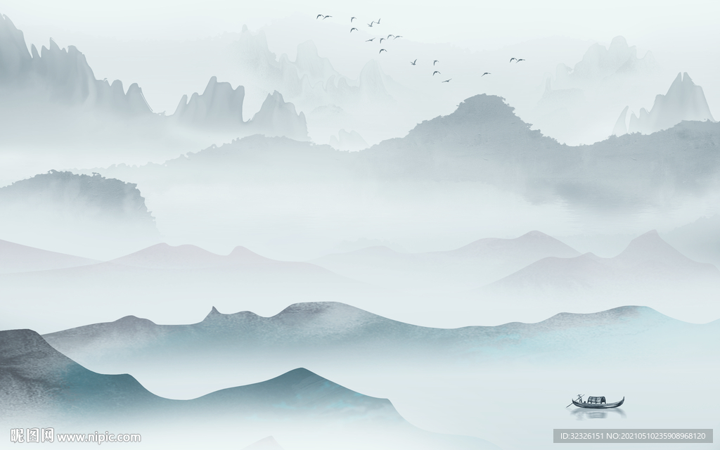 蓝色新山水背景墙 TIF分层