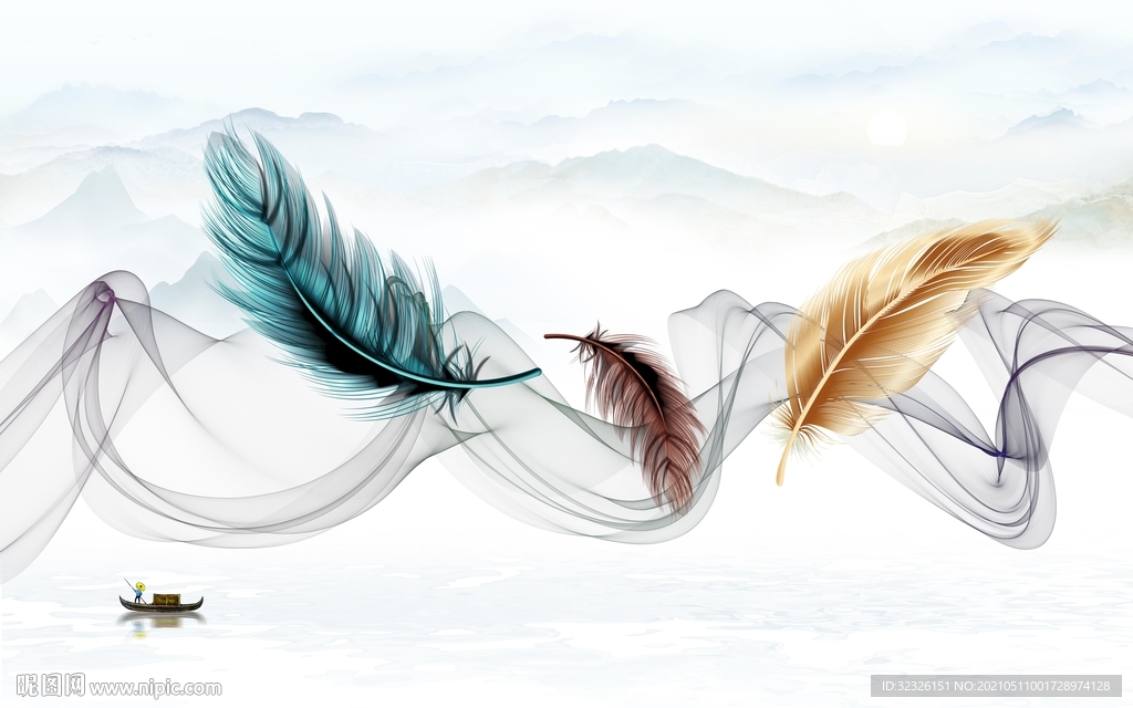 羽毛 新山水背景墙 TIF分层