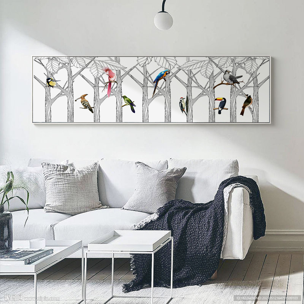 北欧抽象线条树林树木小鸟装饰画