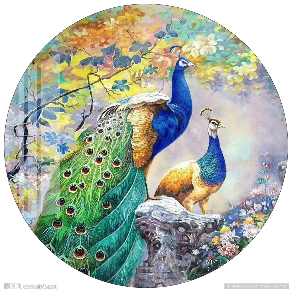 孔雀圆形装饰画油画