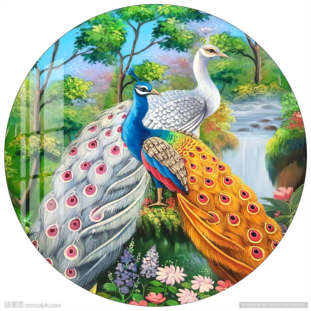 油画孔雀圆形装饰画