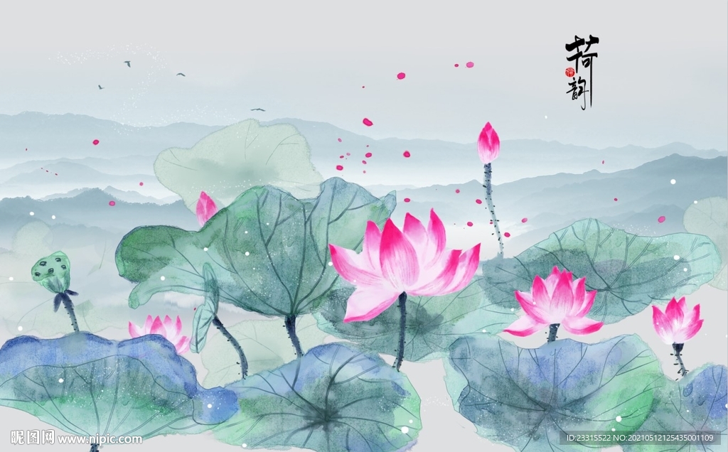 荷花莲花山水新中式背景墙