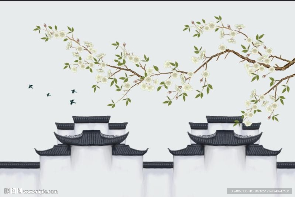 新中式工笔花鸟马头墙背景墙