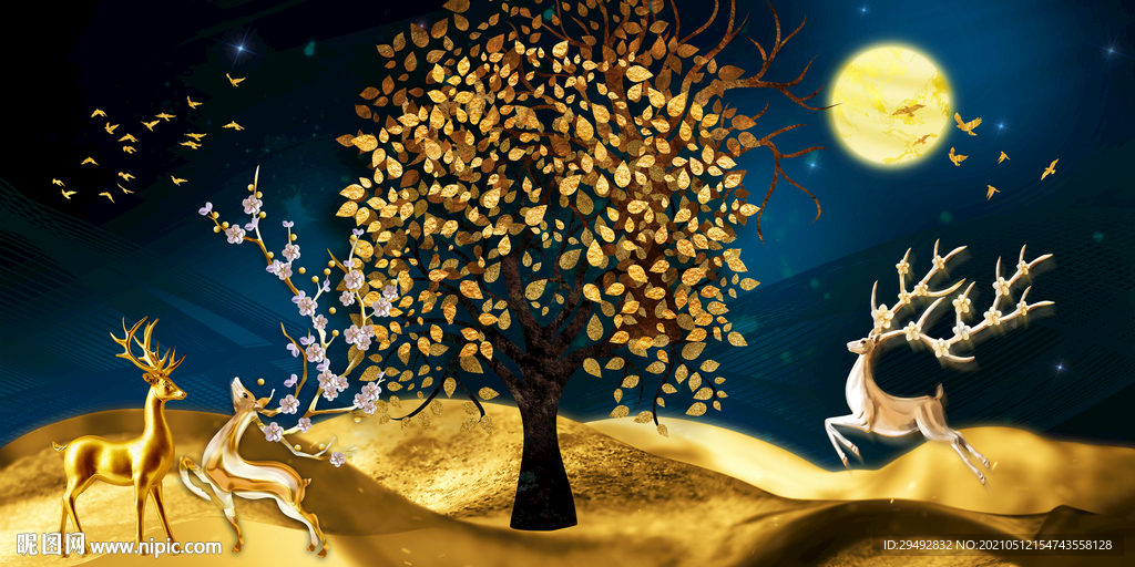 麋鹿黄金树装饰画