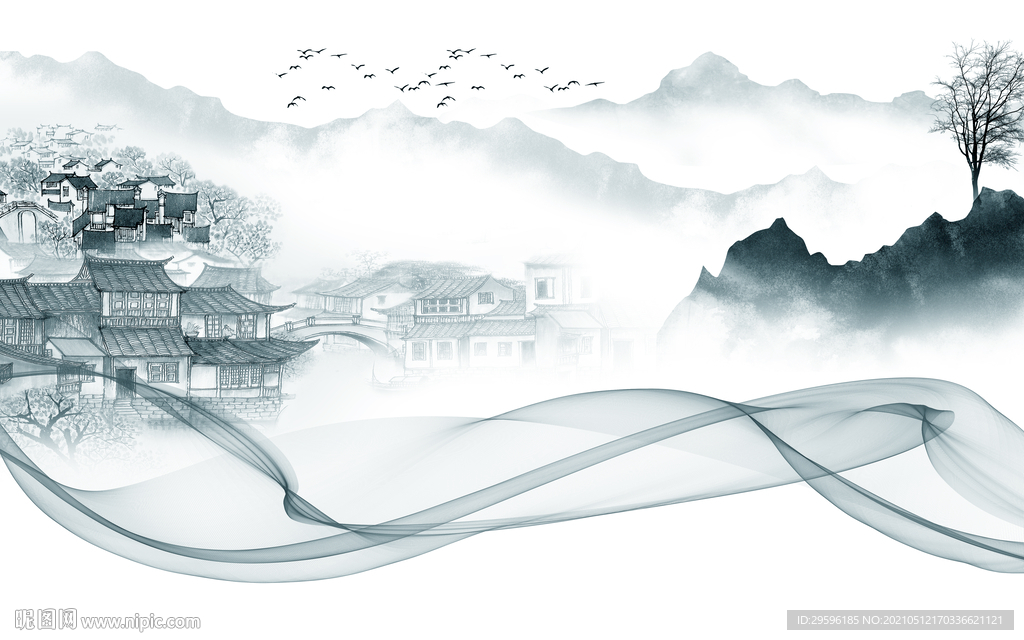 蓝色 新客厅山水画 tif分层