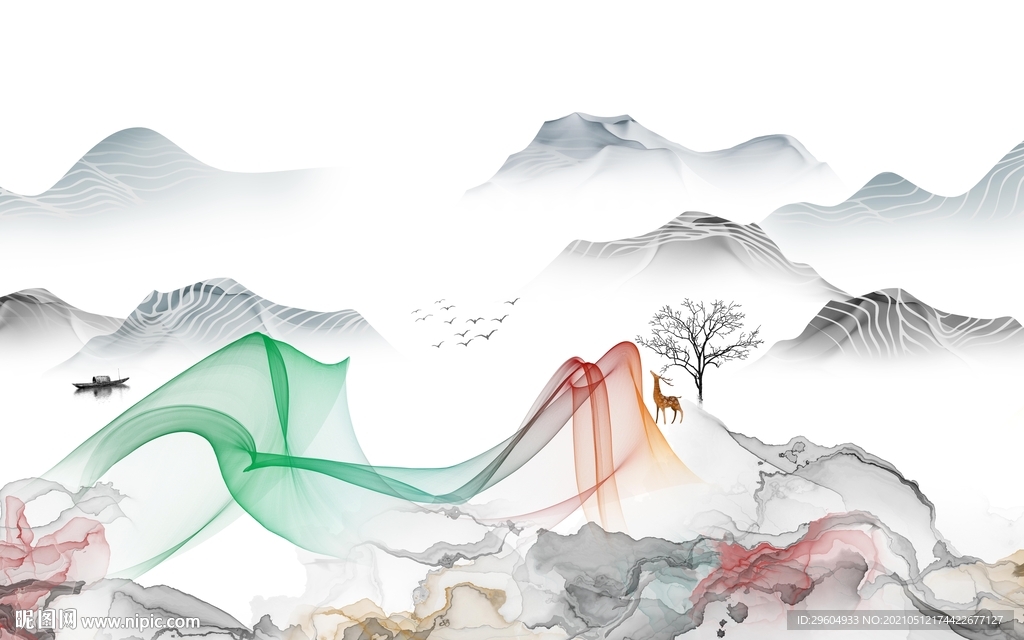 新中式客厅意境山水 tif分层