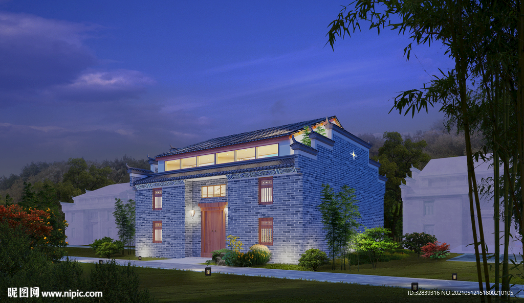 夜景别墅古建PSD格式效果图