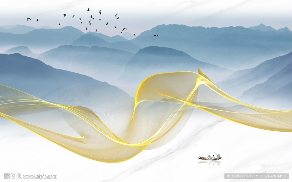 新中式曲线山水背景墙