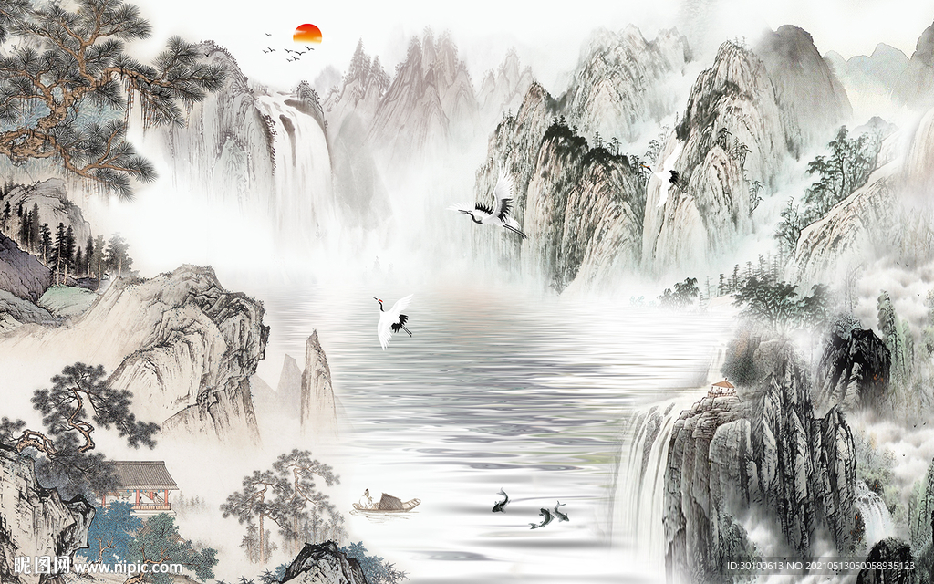 中国风客厅墙画山水 TIF分层