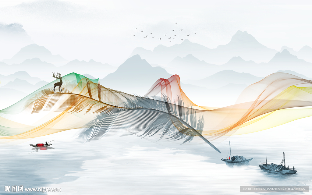 山水客厅墙画 TIF分层