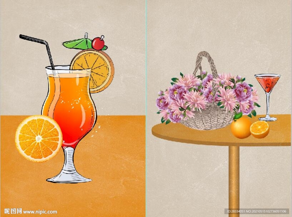 北欧风鲜花酒杯餐饮餐厅装饰画