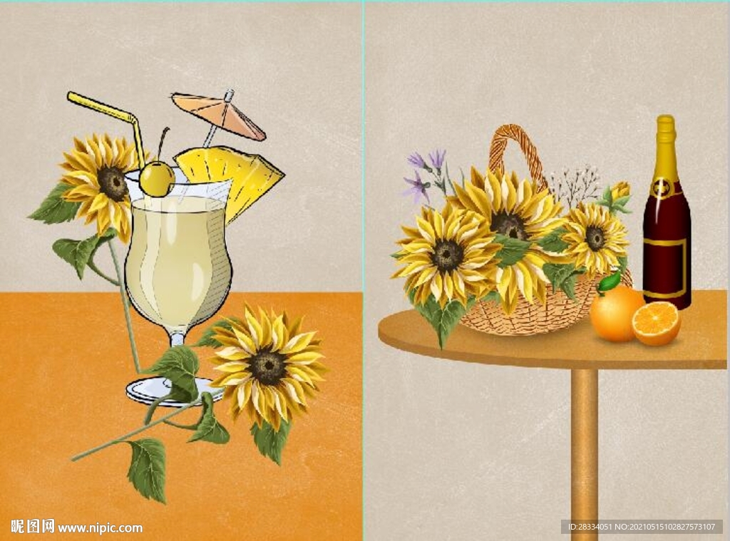 北欧风鲜花酒杯餐饮餐厅装饰画