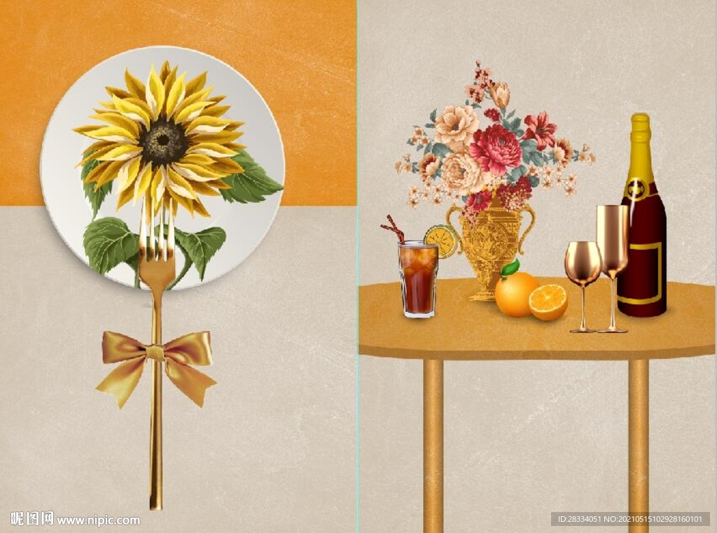 北欧风鲜花酒杯餐饮餐厅装饰画