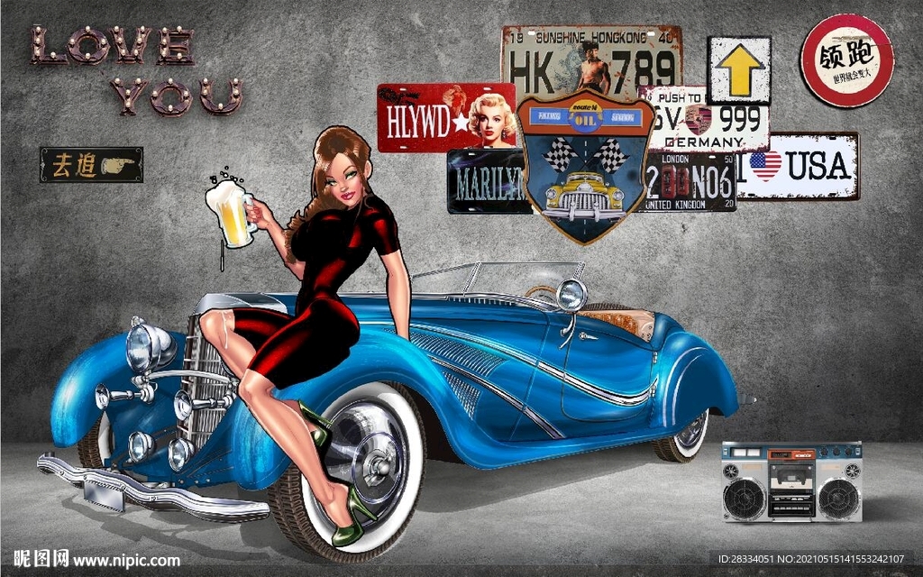 3D欧美风汽车美女酒吧背景墙