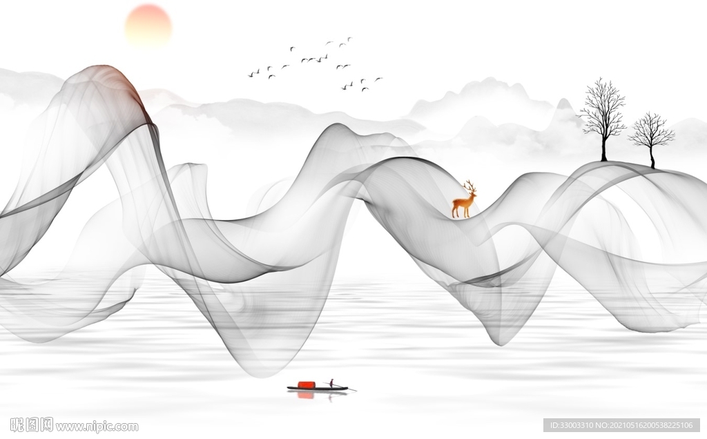 新中式飘带山水背景墙