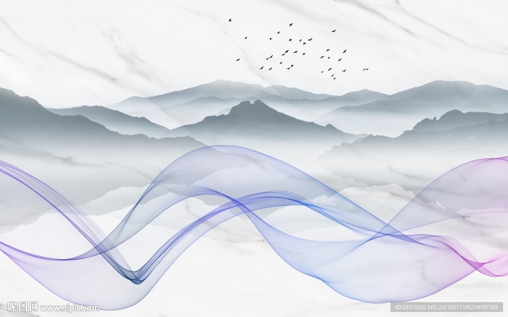 抽象曲线山水新中式背景墙