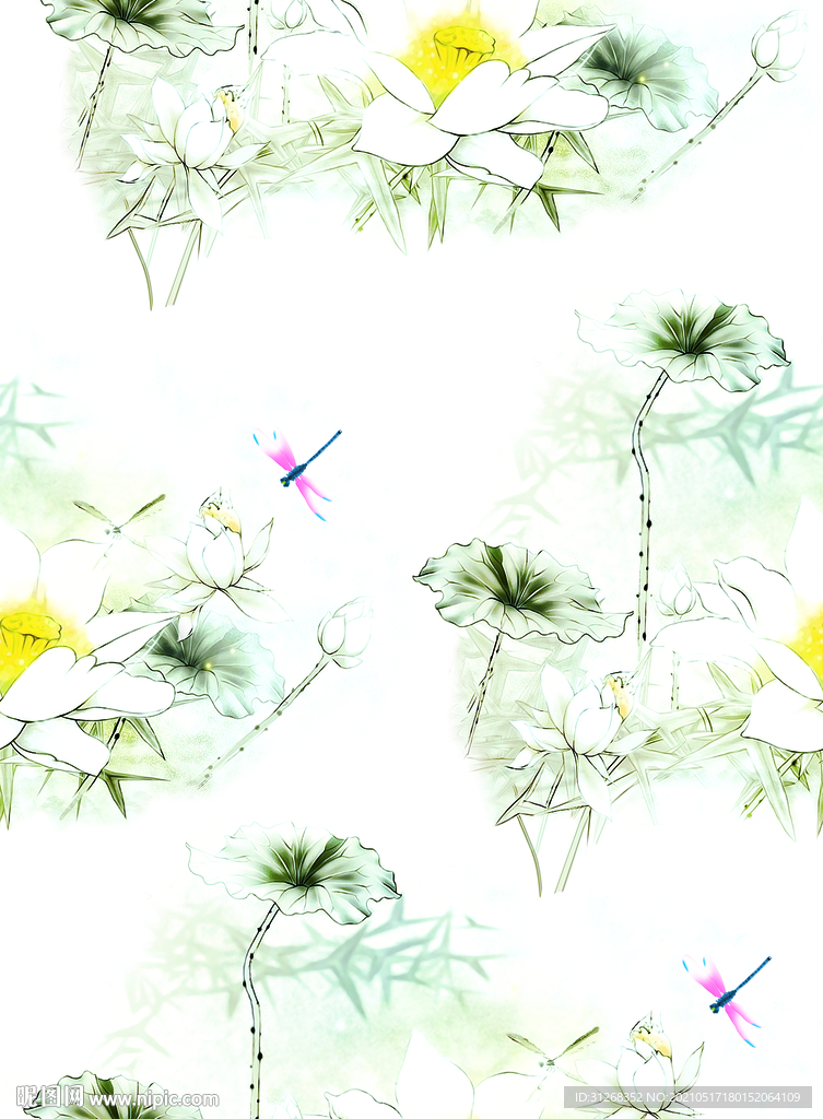 大牌花 数码印花 荷叶 荷花