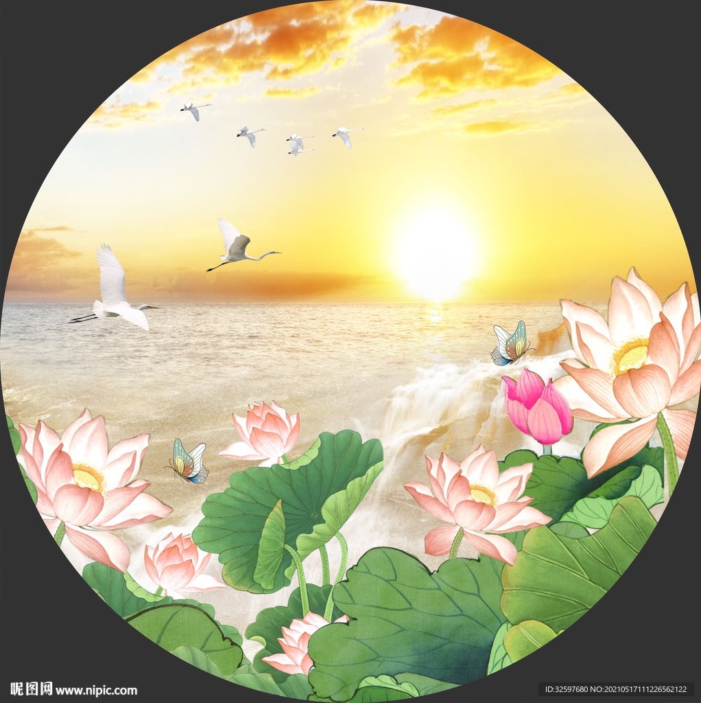 圆形荷花风景玄关