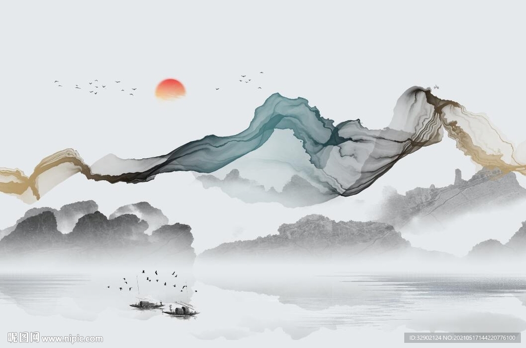 新中式水墨山水抽象烟雾背景墙