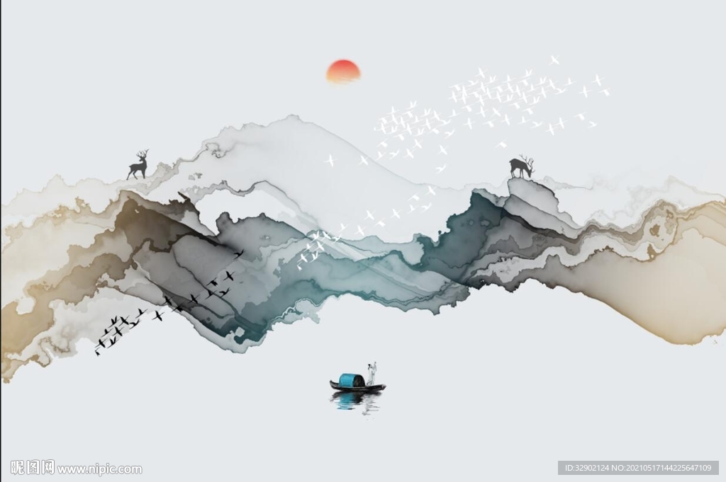 新中式水墨山水抽象烟雾背景墙