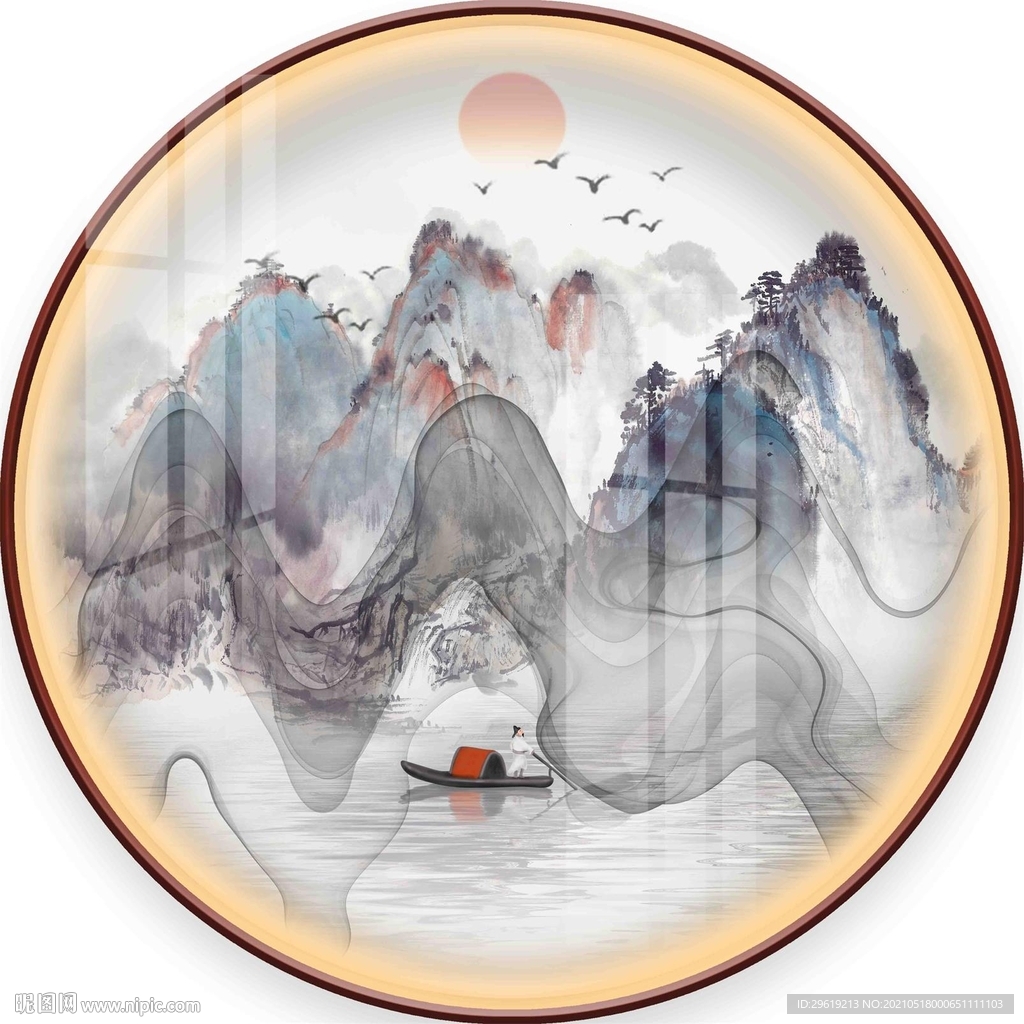 中式山水圆形装饰画图片