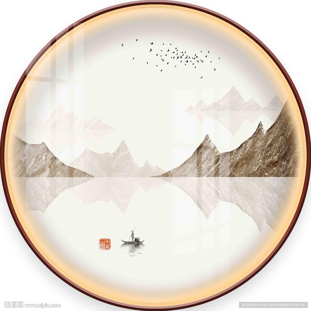 中式山水圆形装饰画图片