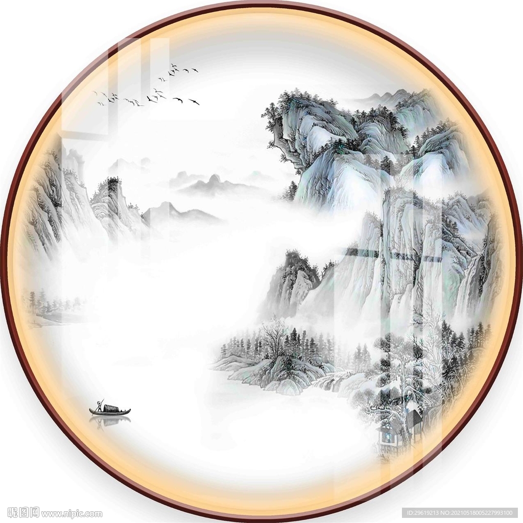 中式山水圆形装饰画图片