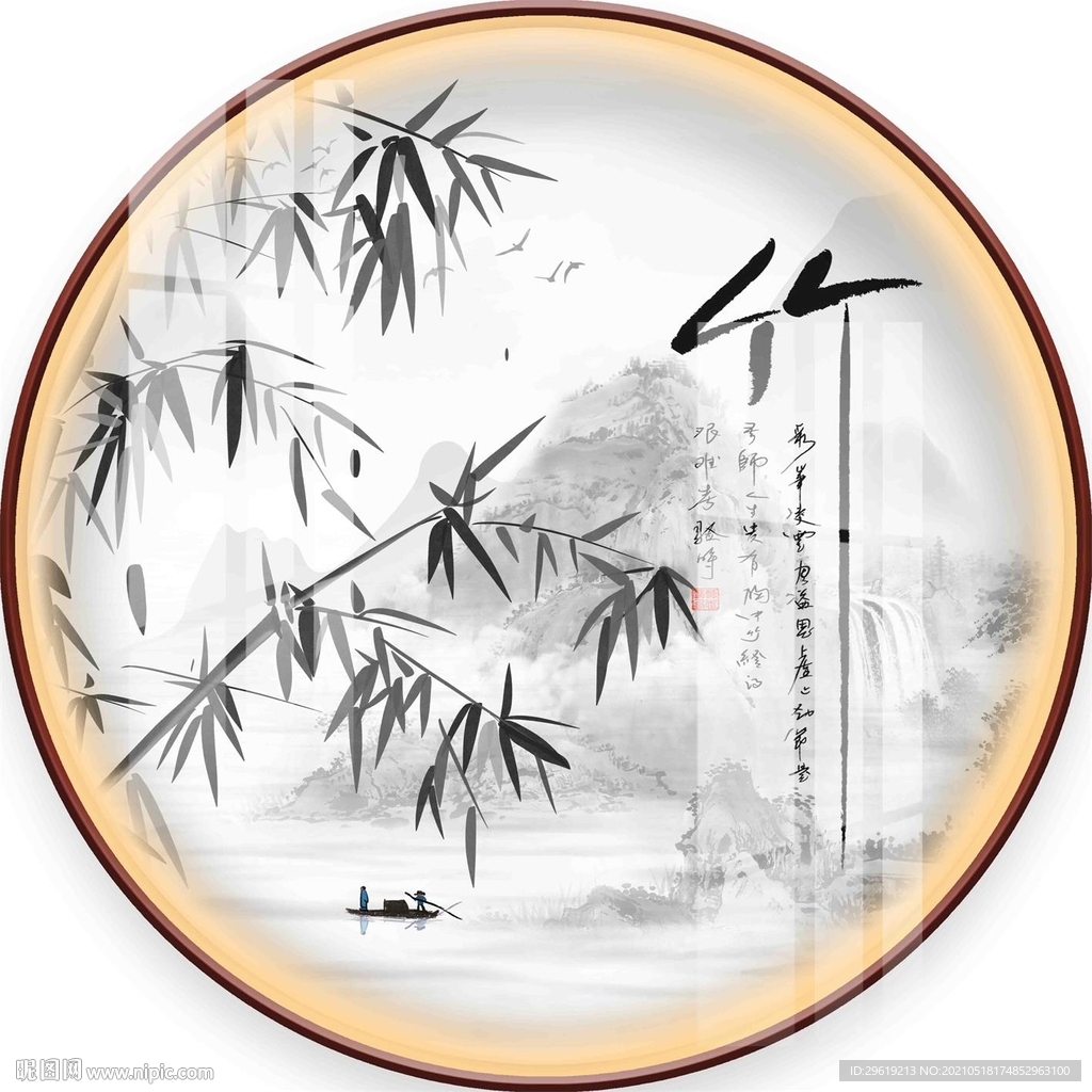 新中式竹子山水圆形装饰画图片