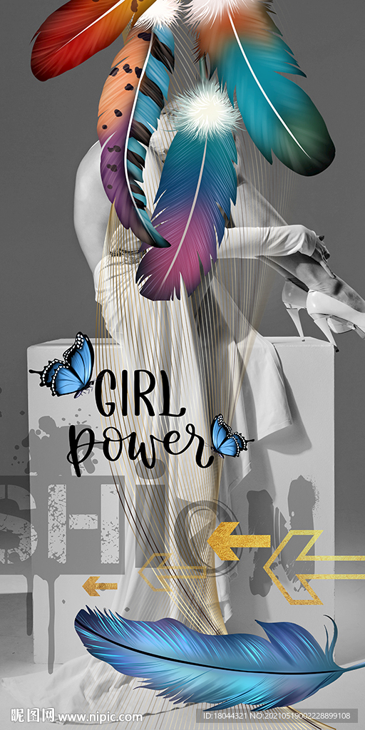 时尚美女彩色羽毛玄关装饰画