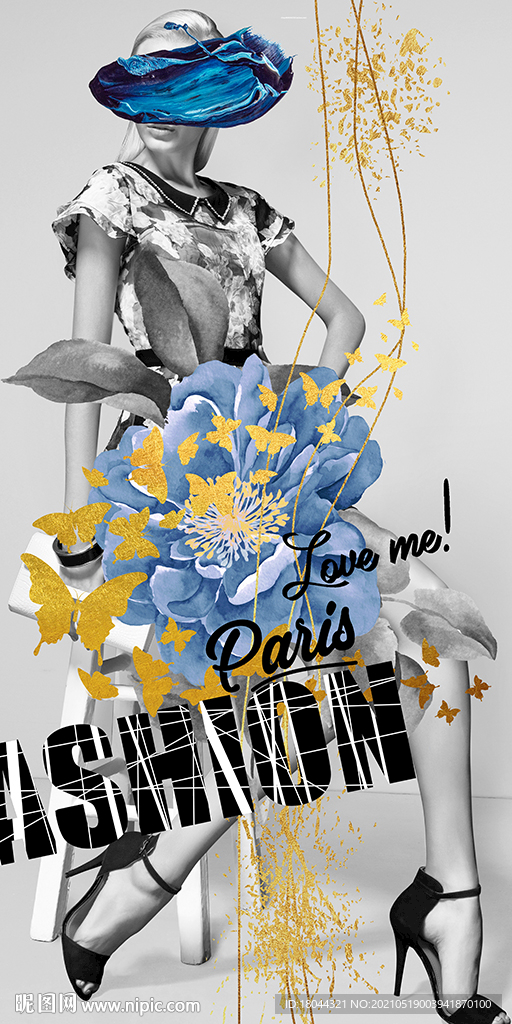 时尚美女水彩花朵蝴蝶玄关装饰画