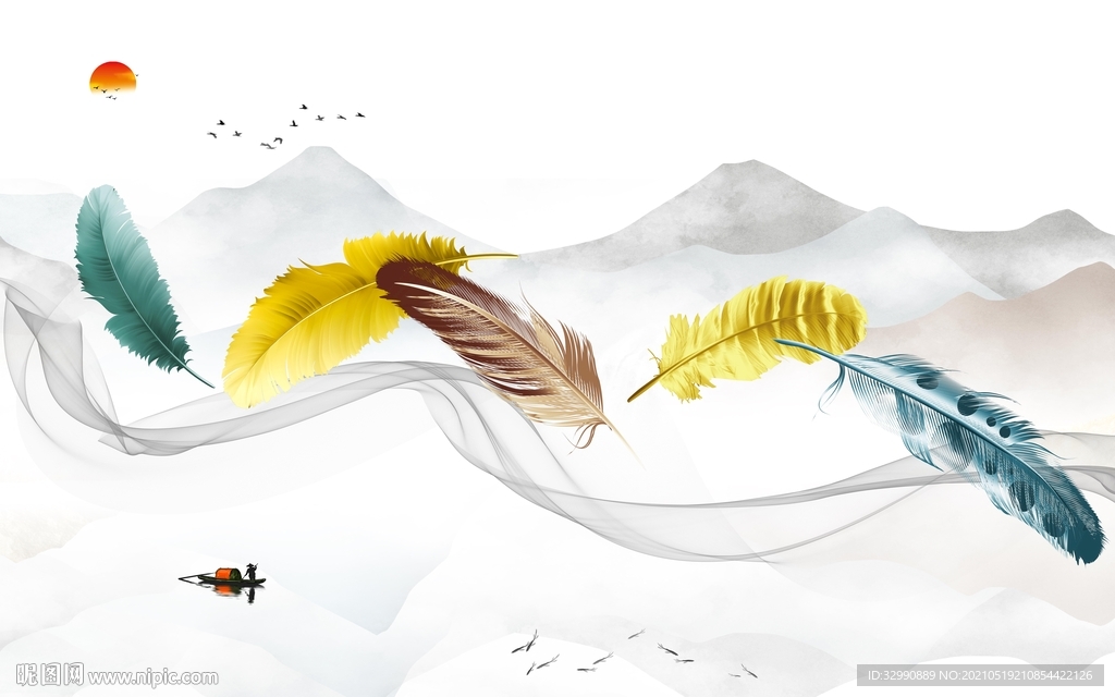 现代 高清新山水画 文件分层画