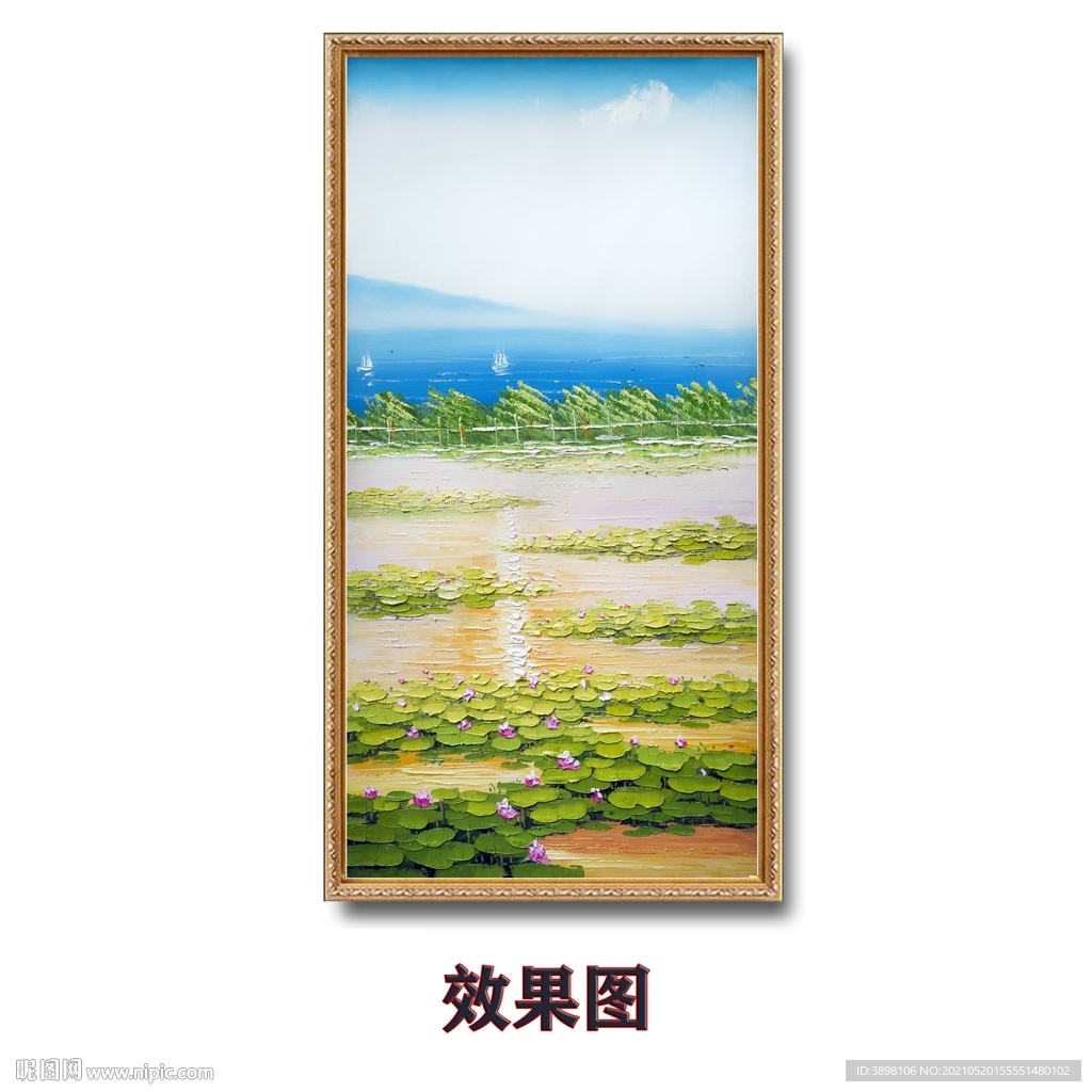 手绘荷叶大海玄关装饰画