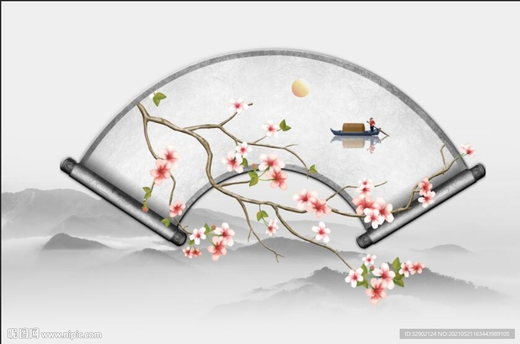 新中式山水花鸟扇子装饰定制壁画