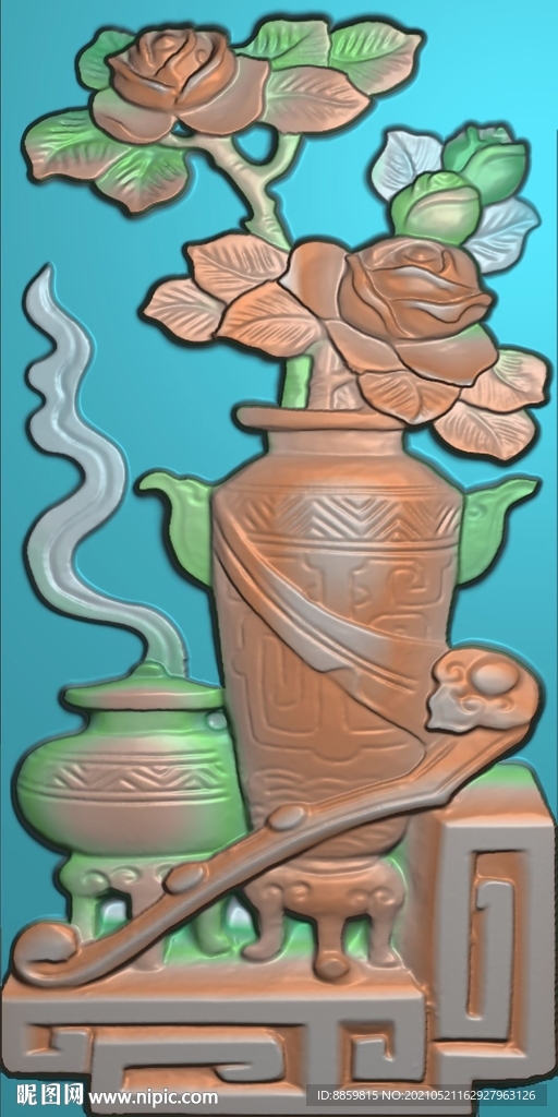 扫描 灰度 精雕 玫瑰花瓶 