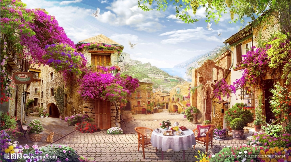 手绘风景蔷薇背景墙