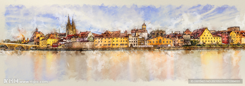 建筑房子大楼场景手绘素描水彩图